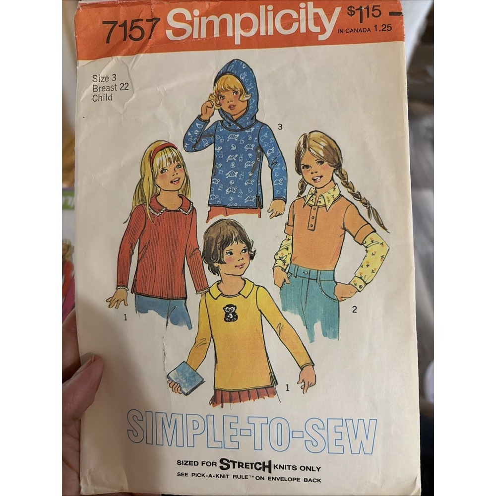 Vintage 1975 Simplicity 7157 Girls Blouse Hooded Top Sewing Pattern Size 3 Cut